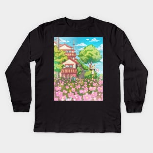 The cute Japanese landscape view with the traditional house, blue sky, and pink flowers. A great aesthetic  gift for those who love nature, Japan, anime and manga style Kids Long Sleeve T-Shirt